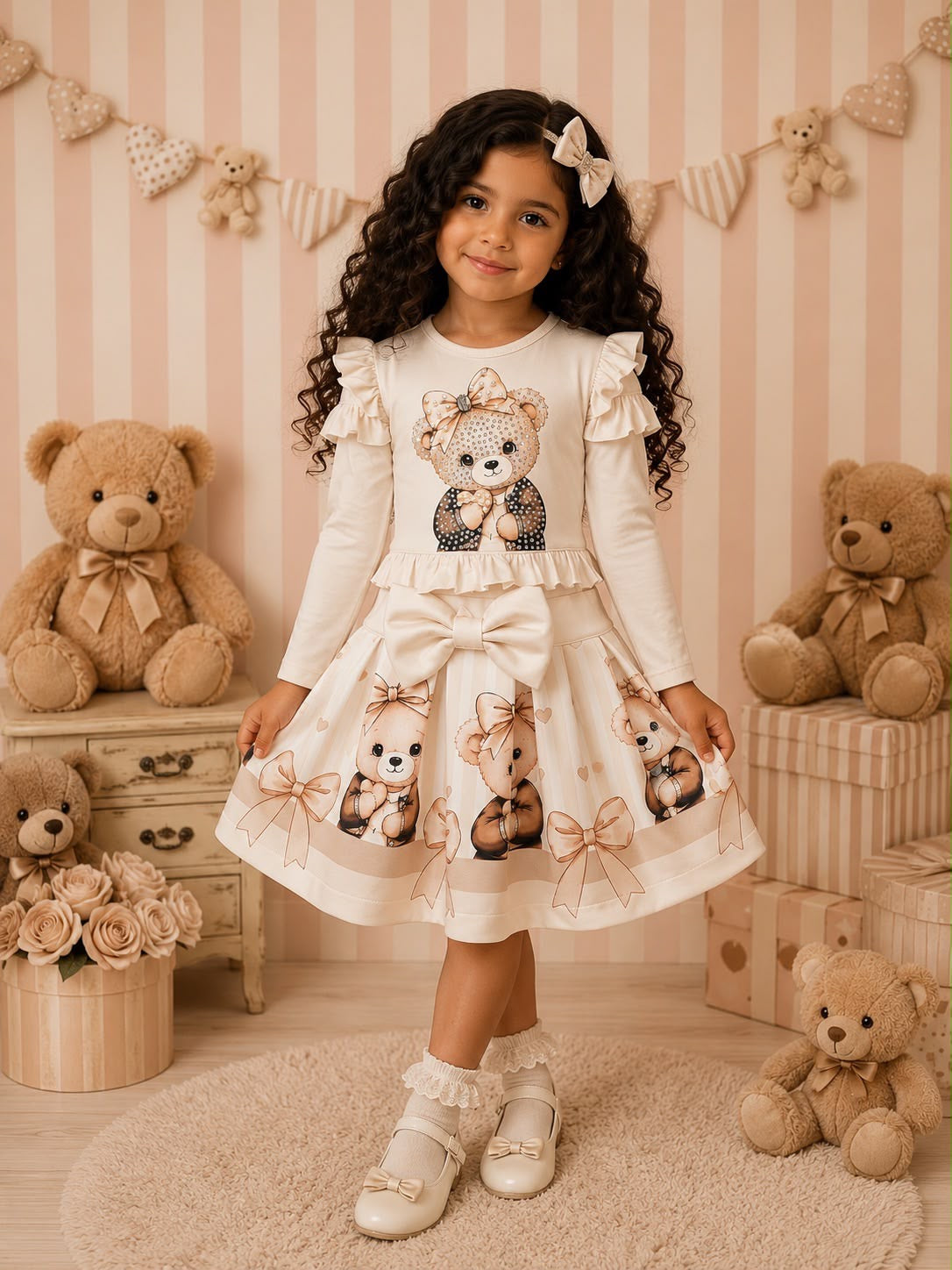 Bow bear beige skirt set
