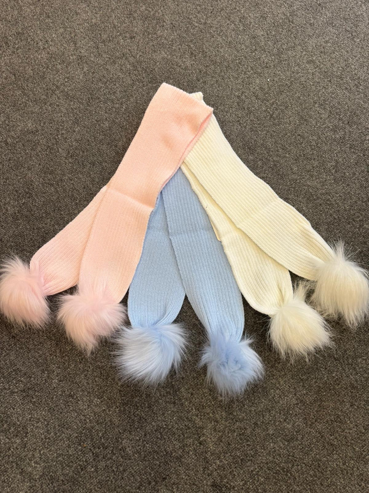 Blue faux fur pom pom scarf